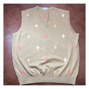 Martin Mens Tan Argyle V Neck Sweater Vest 100% Italian Merino Large